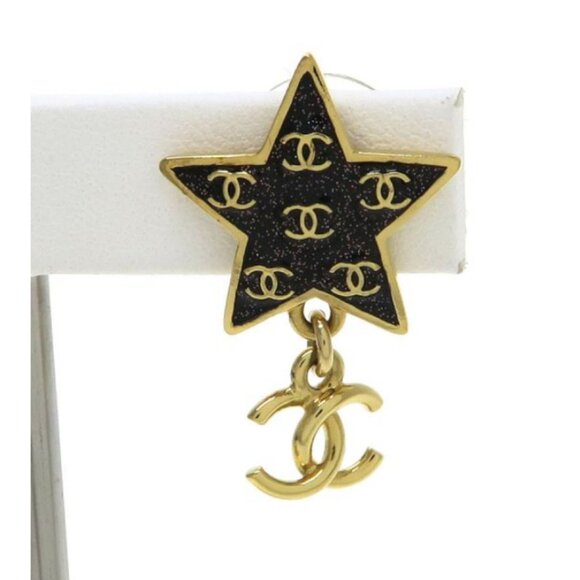 CHANEL CC Logos Black Star Drop Stud Earrings Gold Tone C24C Auth - Picture 9 of 9